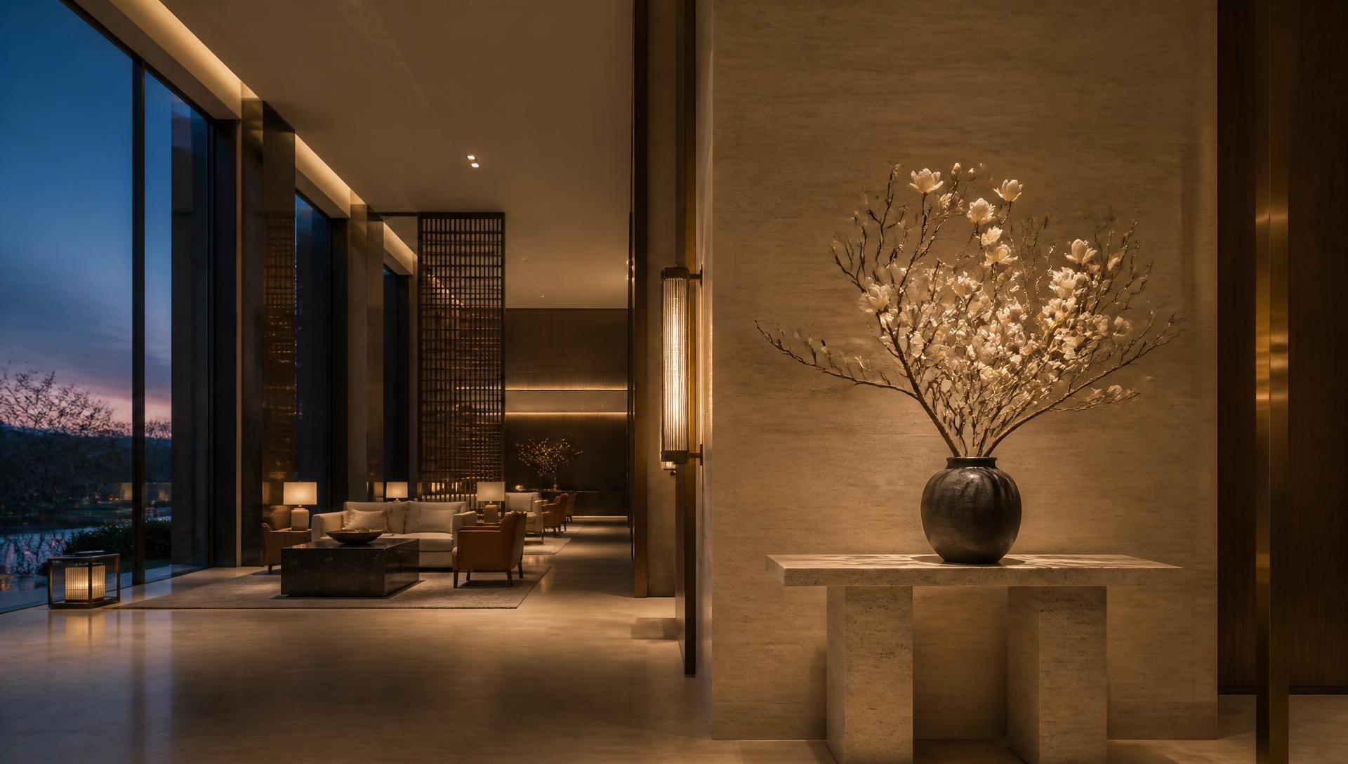 Softly lit luxury hotel lobby with travertine walls, walnut millwork and a magnolia branch arrangement